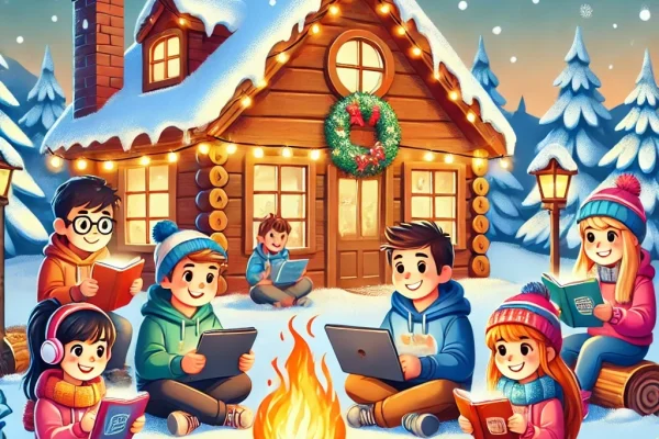 DALL·E 2024-12-24 12.12.52 - A cartoon-style illustration for a blog post cover with a winter theme. The scene features a cozy snowy landscape with snow-covered trees, a warm wood