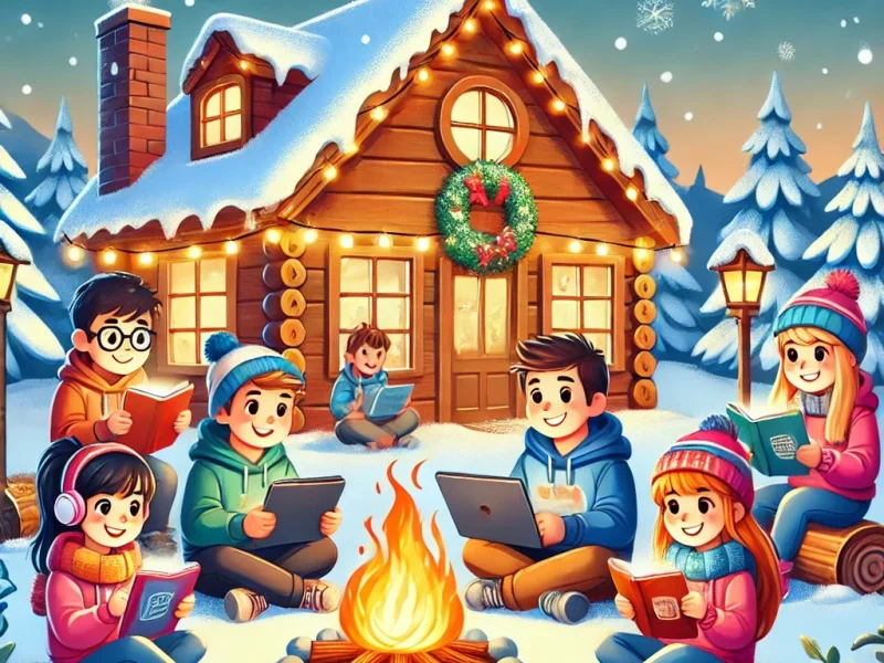 DALL·E 2024-12-24 12.12.52 - A cartoon-style illustration for a blog post cover with a winter theme. The scene features a cozy snowy landscape with snow-covered trees, a warm wood