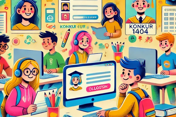 DALL·E 2025-01-06 17.58.33 - A cheerful and cartoonish cover design for a blog post about the registration guide for an educational exam (Konkur 1404). The illustration includes s