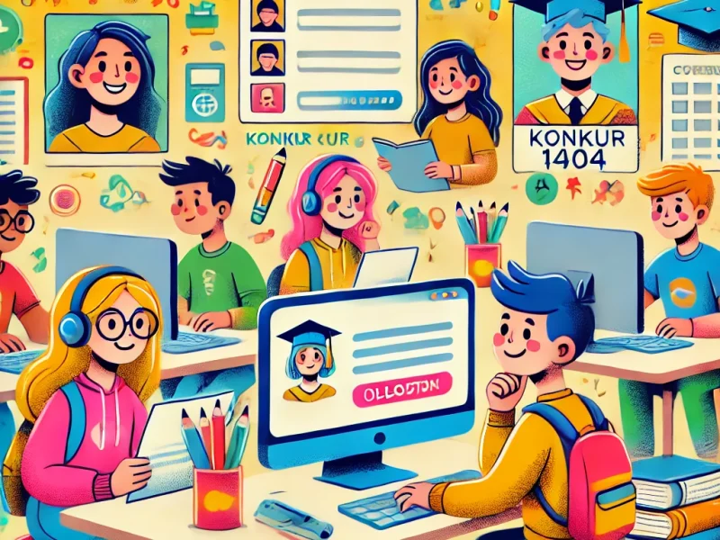 DALL·E 2025-01-06 17.58.33 - A cheerful and cartoonish cover design for a blog post about the registration guide for an educational exam (Konkur 1404). The illustration includes s